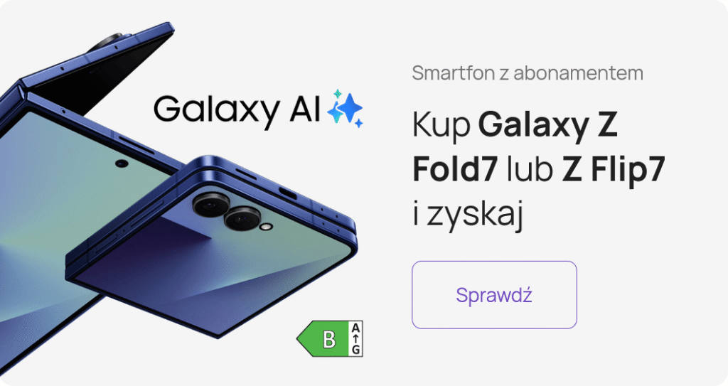 Dwa składane smartfony Samsunga w kolorze niebieskim są częściowo otwarte. Tekst w języku polskim promuje Galaxy Z Fold7 i Galaxy Flip7 w Play z Galaxy AI, zachęcając użytkowników do zakupu z subskrypcją. Na przycisku widnieje napis Sprawdź.