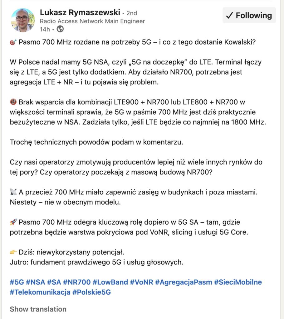 Post Łukasza Rymaszewskiego na LinkedIn omawiający pasmo 700 MHz 5G w Polsce, szczegóły techniczne, stacje bazowe 5g, kompatybilność terminali i wpływ na codziennych użytkowników, z hashtagami związanymi z 5G i technologią mobilną.